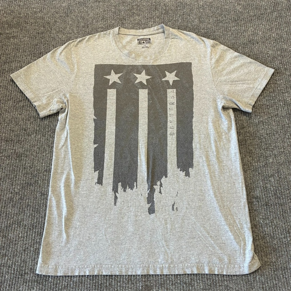 Converse All Star Mens Graphic Shirt Size L Gray Stars Stripes Flag Short Sleeve